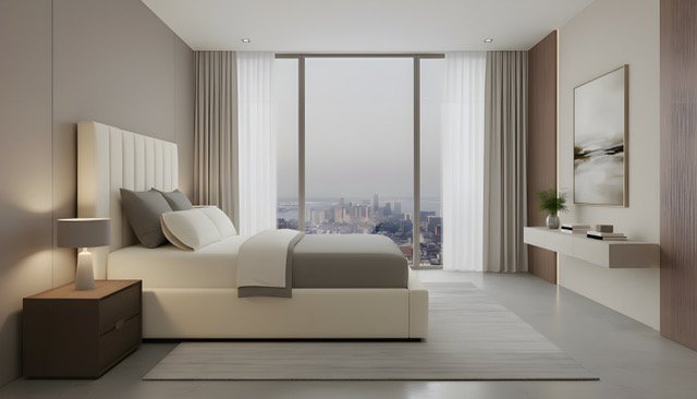 Modern bedroom with upholstry bed and large window